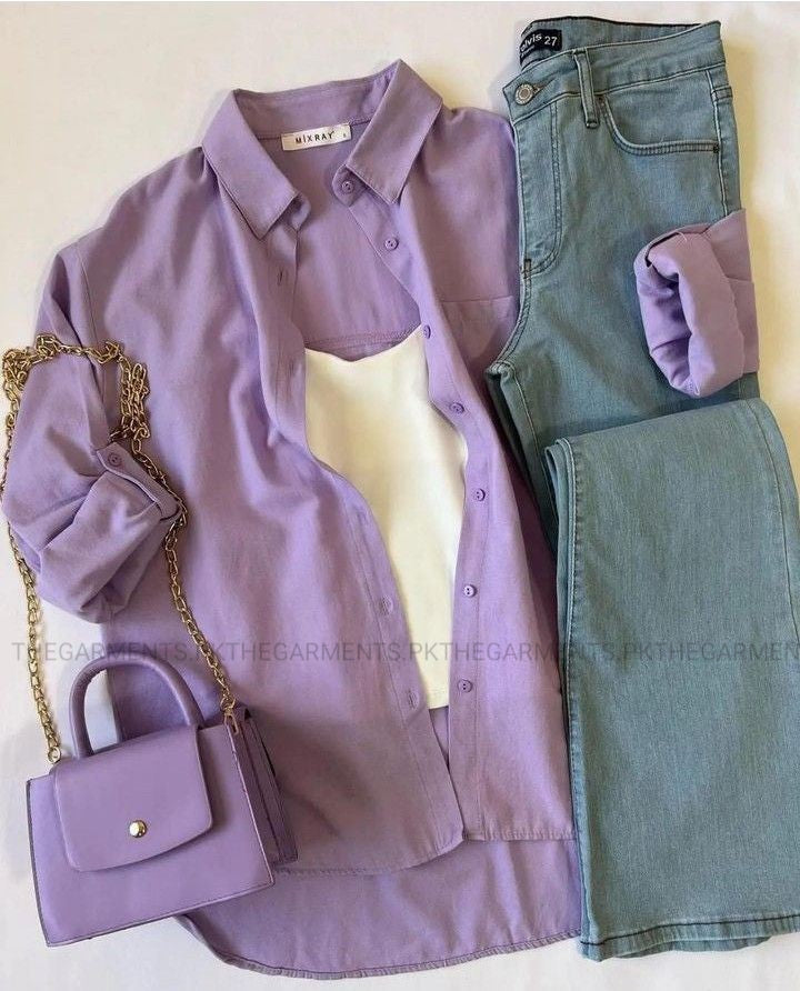 LILAC BUTTON SHIRT WITH WHITE TANKTOP AND SKY BLUE WIDE LEG JEANS (3PCS)