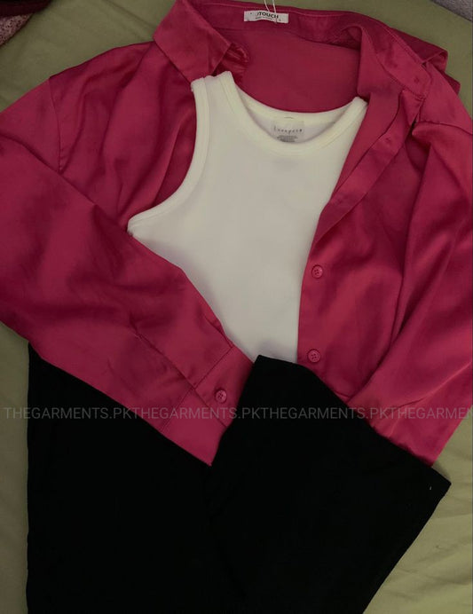 HOT PINK BUTTON SHIRT WITH WHITE TANKTOP AND BLACK WIDE LEG JEANS (3PCS)