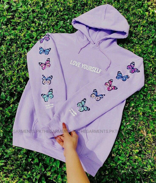 LILAC LOVE YOURSELF HOODIE WITH COLORFUL BUTTERFLIES ON SLEEVES