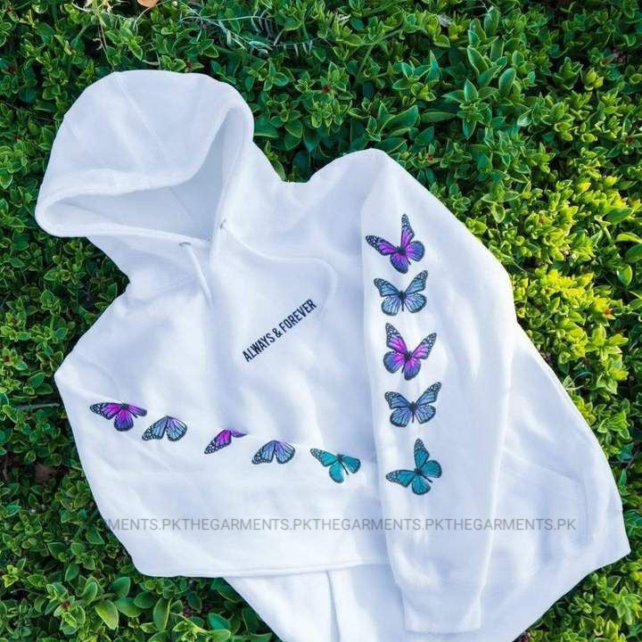 WHITE ALWAYS AND FOREVER HOODIE WITH COLORFUL BUTTERFLIES ON SLEEVES