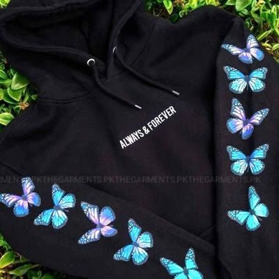 BLACK ALWAYS AND FOREVER HOODIE WITH COLORFUL BUTTERFLIES ON SLEEVES