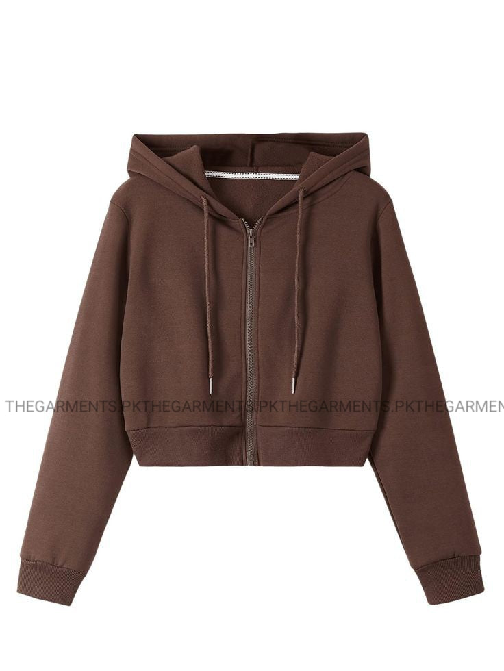 BROWN CROP ZIPPER HOODIE