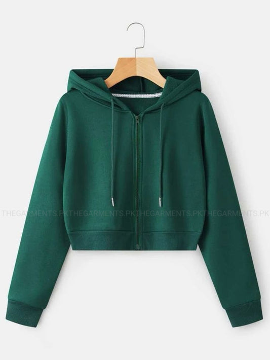 BOTTLE GREEN CROP ZIPPER HOODIE