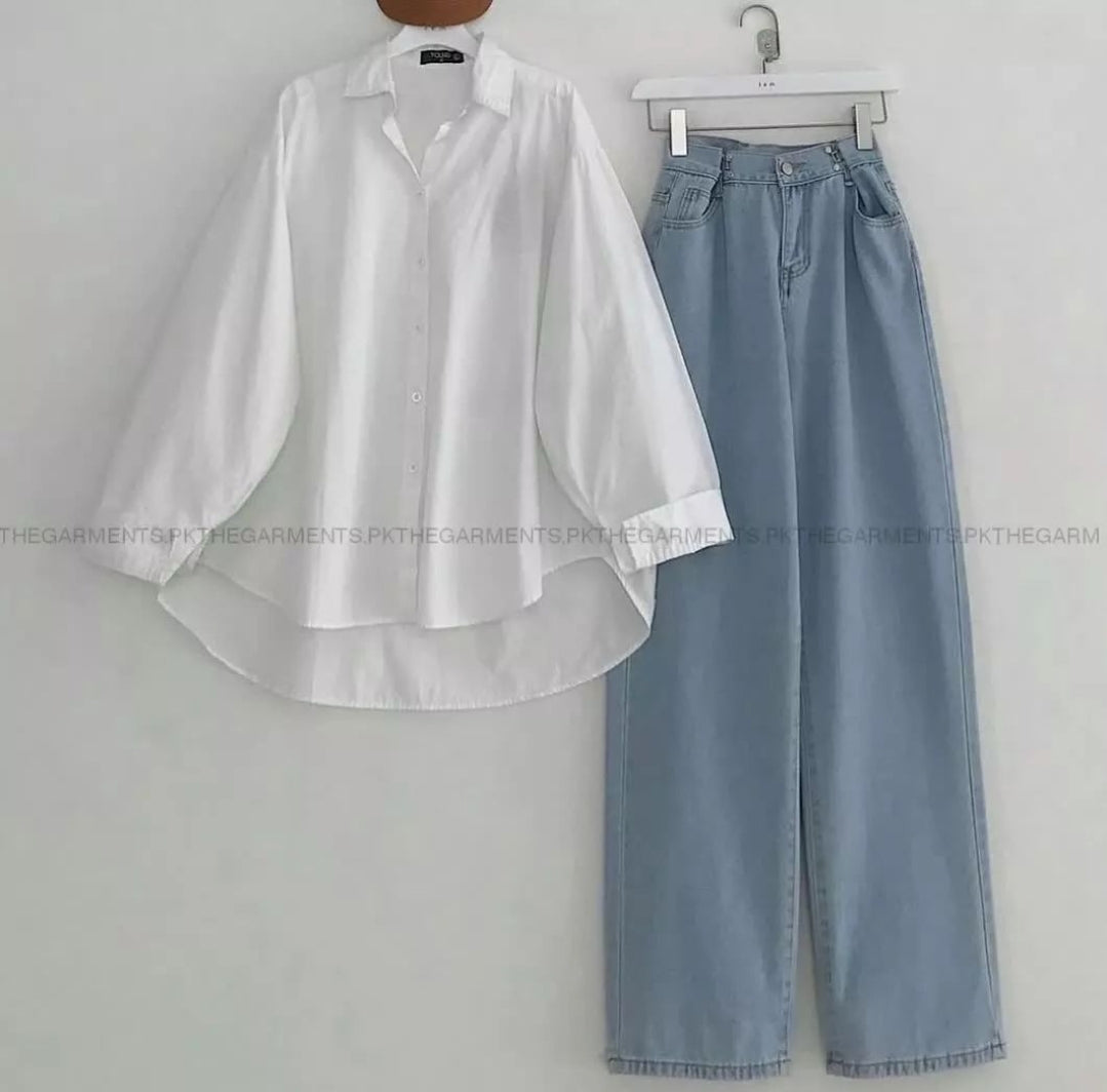 WHITE BUTTON SHIRT WITH ICE BLUE WIDE LEG JEANS