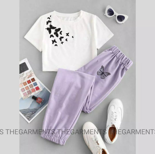 SHOULDER BUTTERFLIES WHITE TSHIRT WITH LILAC TROUSER( pocket black butterfly)