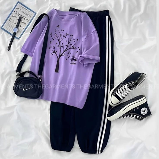 NEW TREE LILAC T-SHIRT WITH THREE STRIPE TROUSER