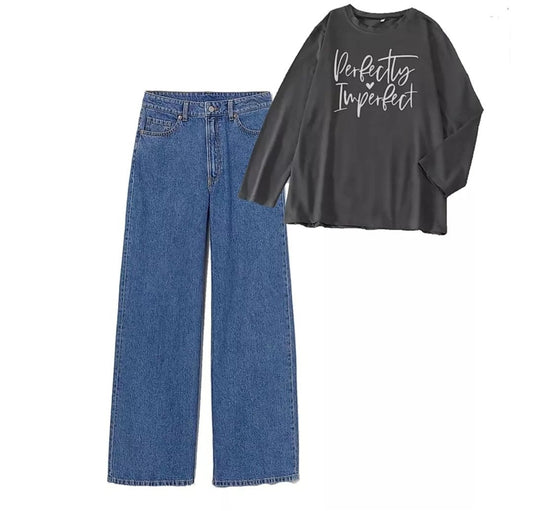 PERFECTLY IMPERFECT CHARCOAL FULL SLEEVES WITH DARK BLUE WIDE LEG  JEANS