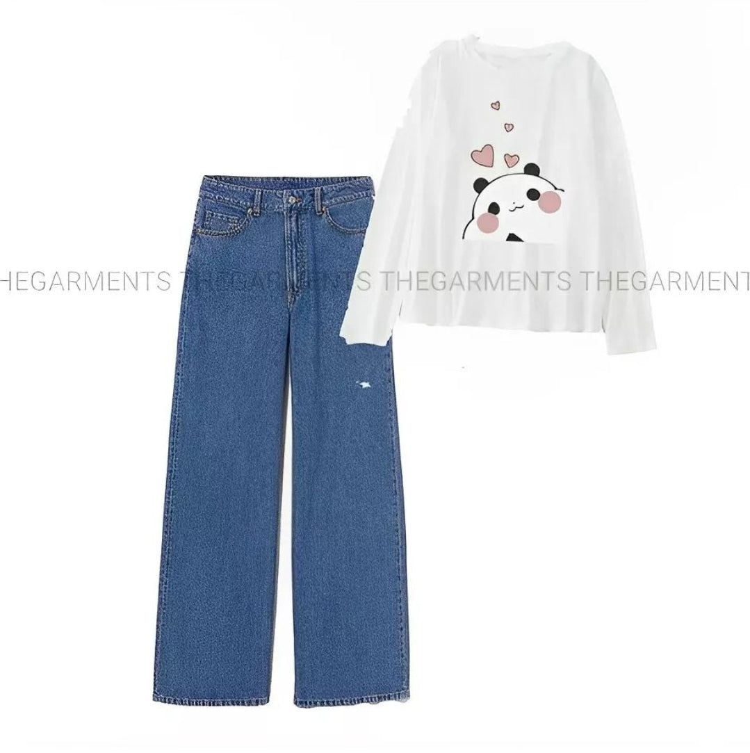 MITHO PANDA WHITE  FULL SLEEVES WITH DARK BLUE WIDE LEG  JEANS