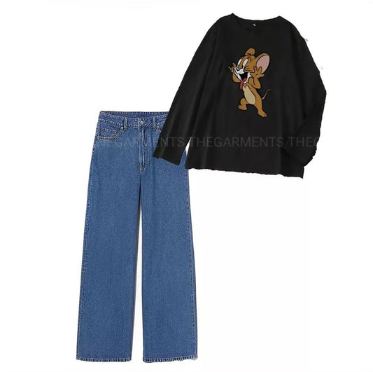JERRY BLACK FULL SLEEVES WITH DARK BLUE WIDE LEG  JEANS