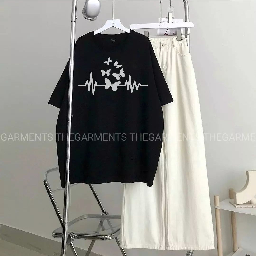 BUTTERFLY HEART BEAT BLACK TSHIRT WITH WHITE WIDE LEG JEANS