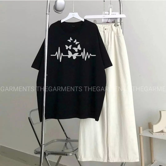 BUTTERFLY HEART BEAT BLACK TSHIRT WITH WHITE WIDE LEG JEANS