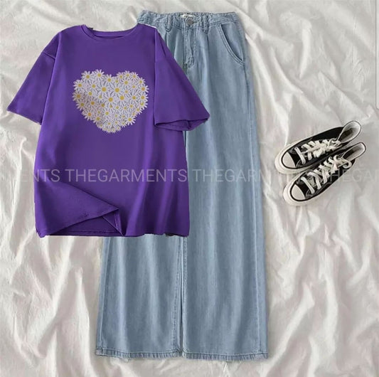 HEART BUNCH PURPLE TSHIRT WITH ICE BLUE  WIDE LEG JEANS