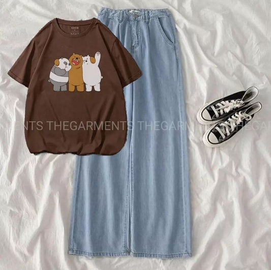 TOGETHER BEAR DARK BROWN TSHIRT WITH ICE BLUE  WIDE LEG JEANS