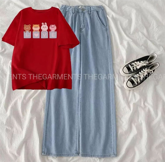 LOVE CARTOON RED TSHIRT WITH ICE BLUE  WIDE LEG JEANS