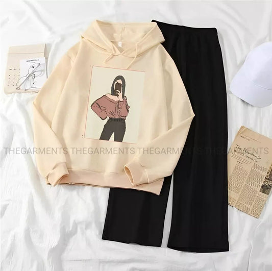 OFF SHOULDER GIRL BEIGE HOODIE WITH BLACK FLAPPER