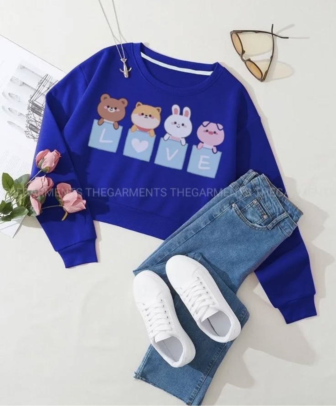 LOVE CARTOON ROYAL BLUE SWEATSHIRT WITH SKY BLUE  WIDE LEG JEANS
