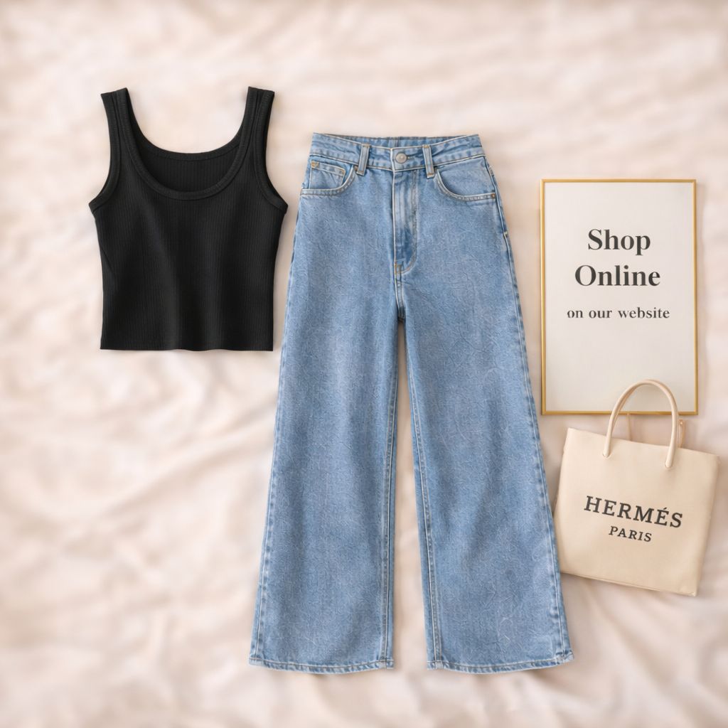 BLACK TANKTOP WITH SKY BLUE WIDE JEANS