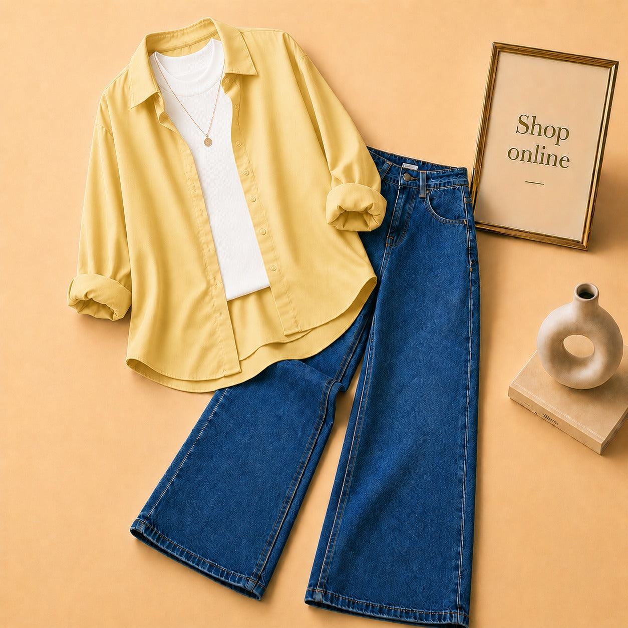 YELLOW  BUTTON SHIRT WITH WHITE TANKTOP AND DARK BLUE WIDE LEG JEANS (3PCS)