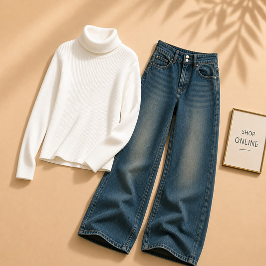 WHITE  HIGH NECK WITH DARKISH BLUE WIDE LEG JEANS
