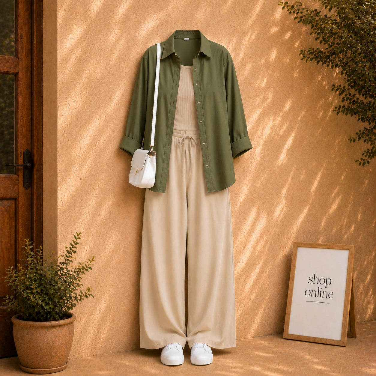 OLIVE GREEN BUTTON SHIRT WITH BEIGE TANKTOP AND BEIGE FLAPPER