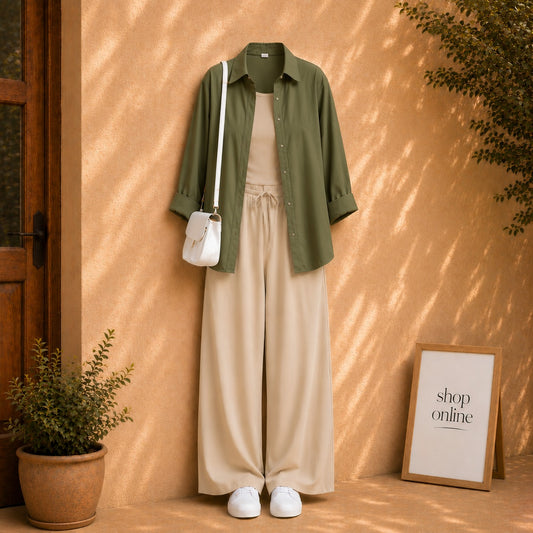 OLIVE GREEN BUTTON SHIRT WITH BEIGE TANKTOP AND BEIGE FLAPPER
