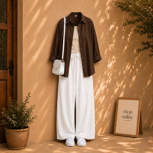 BROWN BUTTON SHIRT WITH BEIGE TANKTOP AND WHITE FLAPPER