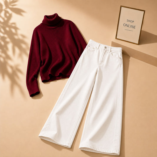 MAROON HIGH NECK WITH WHITE WIDE LEG JEANS