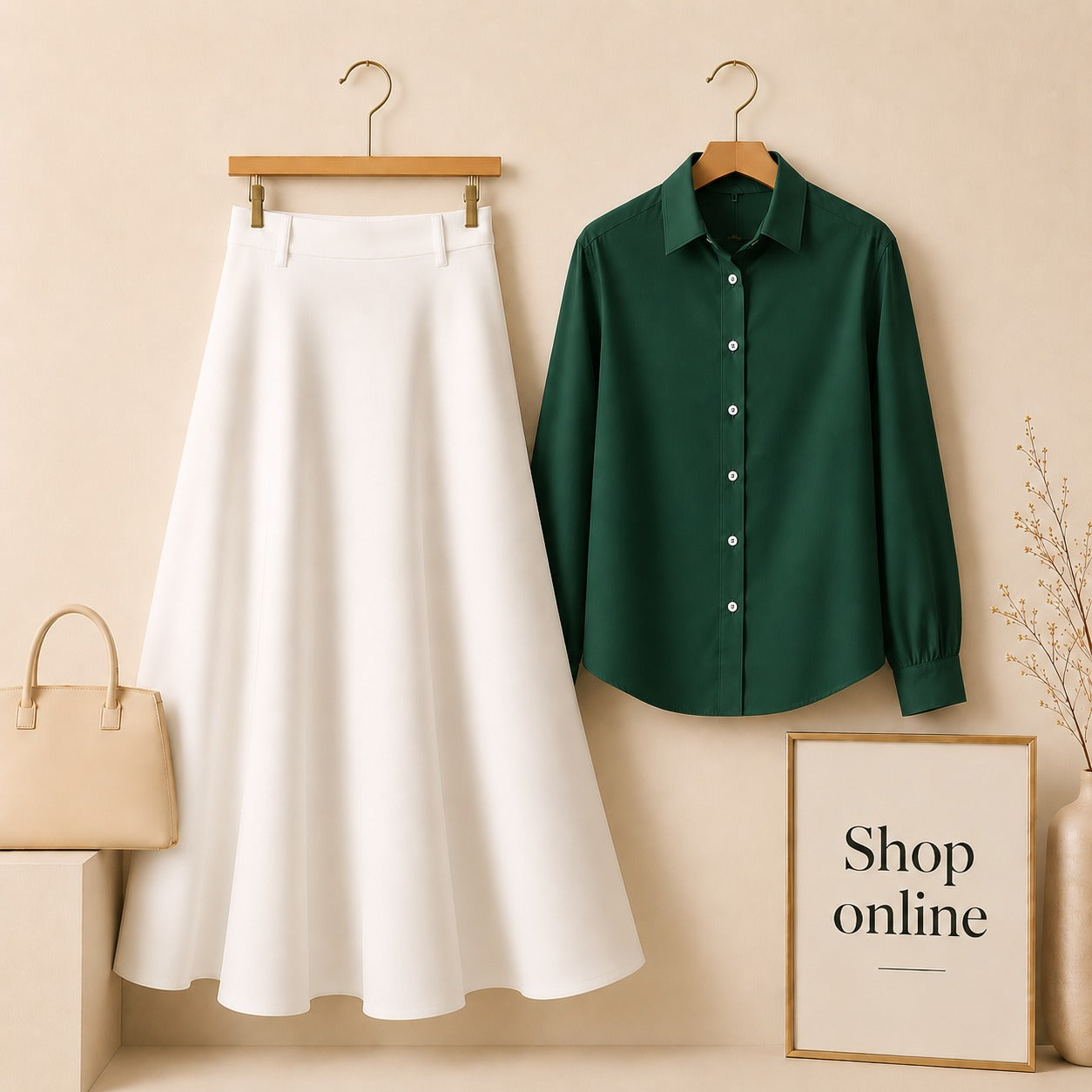 BOTTLE GREEN BUTTON DOWN WITH WHITE SKIRT (Twill)