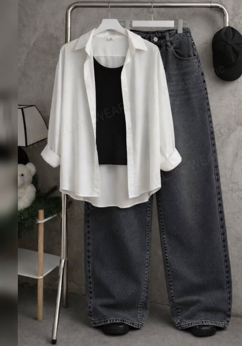 WHITE BUTTON SHIRT WITH BLACK TANKTOP AND MALAYSIAN BLACK WIDE LEG JEANS (3PCS)