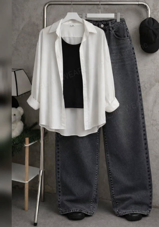 WHITE BUTTON SHIRT WITH BLACK TANKTOP AND MALAYSIAN BLACK WIDE LEG JEANS (3PCS)