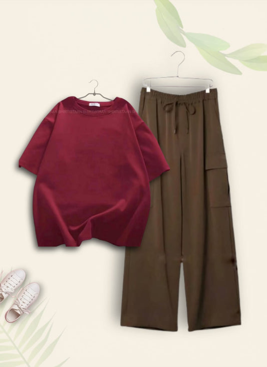 PLAIN MAROON TSHIRT WITH BROWN CARGO TROUSER