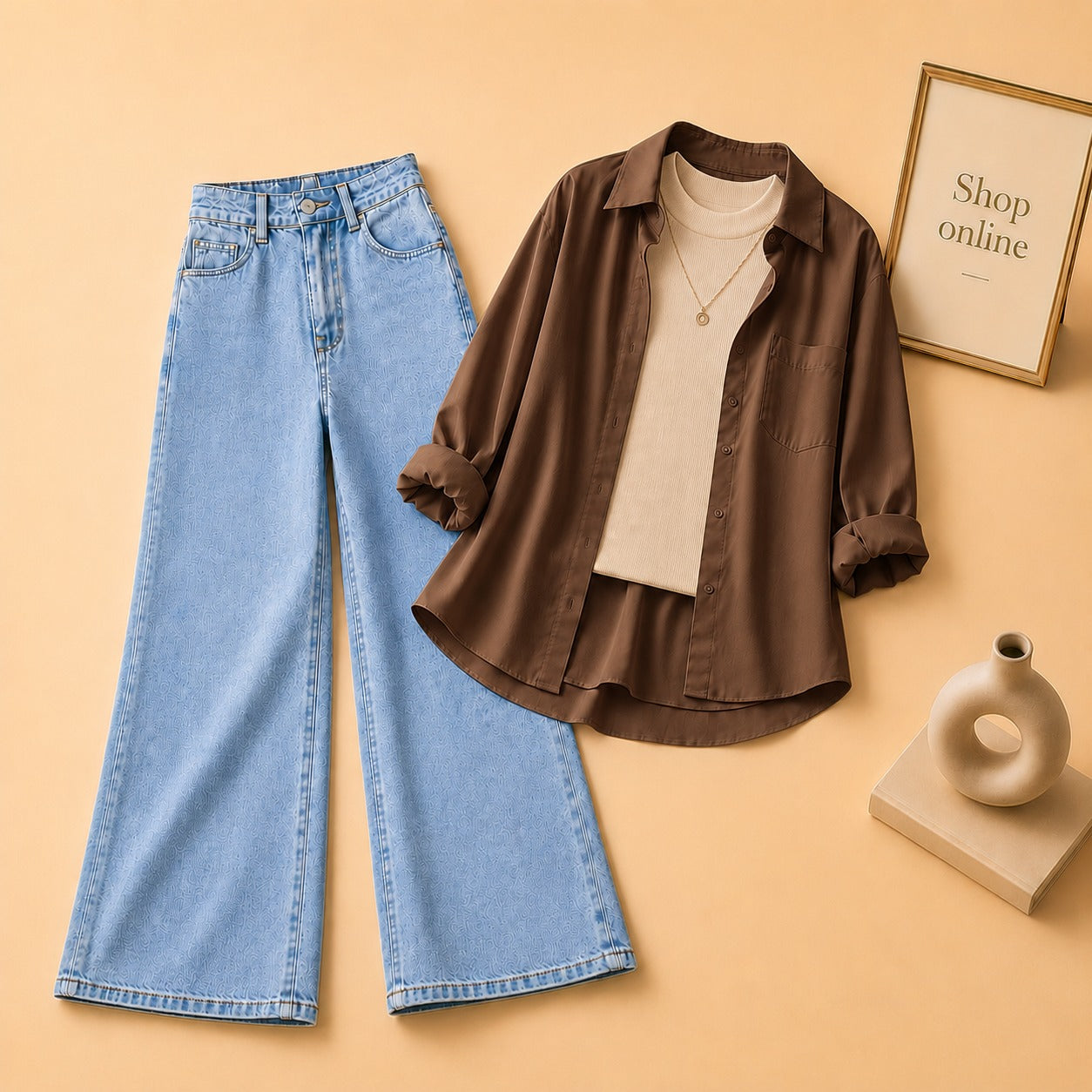 BROWN BUTTON SHIRT WITH BEIGE TANKTOP AND SKY BLUE WIDE LEG JEANS (3PCS)
