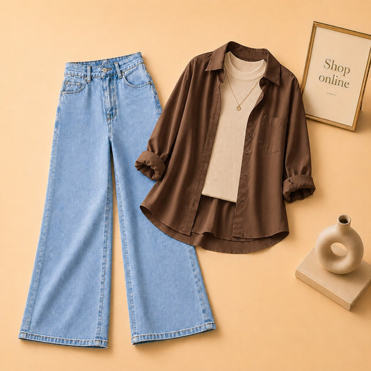 BROWN BUTTON SHIRT WITH BEIGE TANKTOP AND SKY BLUE WIDE LEG JEANS (3PCS)