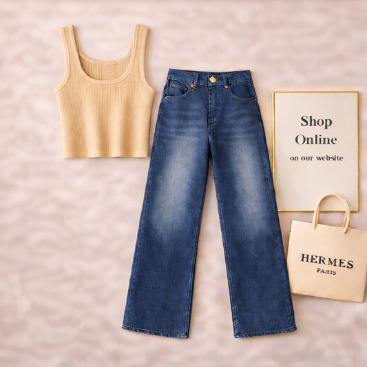 BEIGE TANKTOP WITH DARK BLUE WIDE LEG JEANS