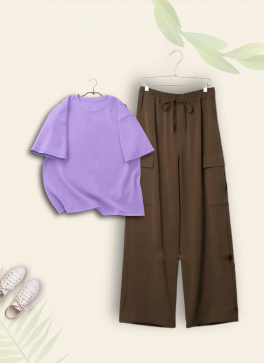 PLAIN LILAC TSHIRT WITH BROWN CARGO TROUSER