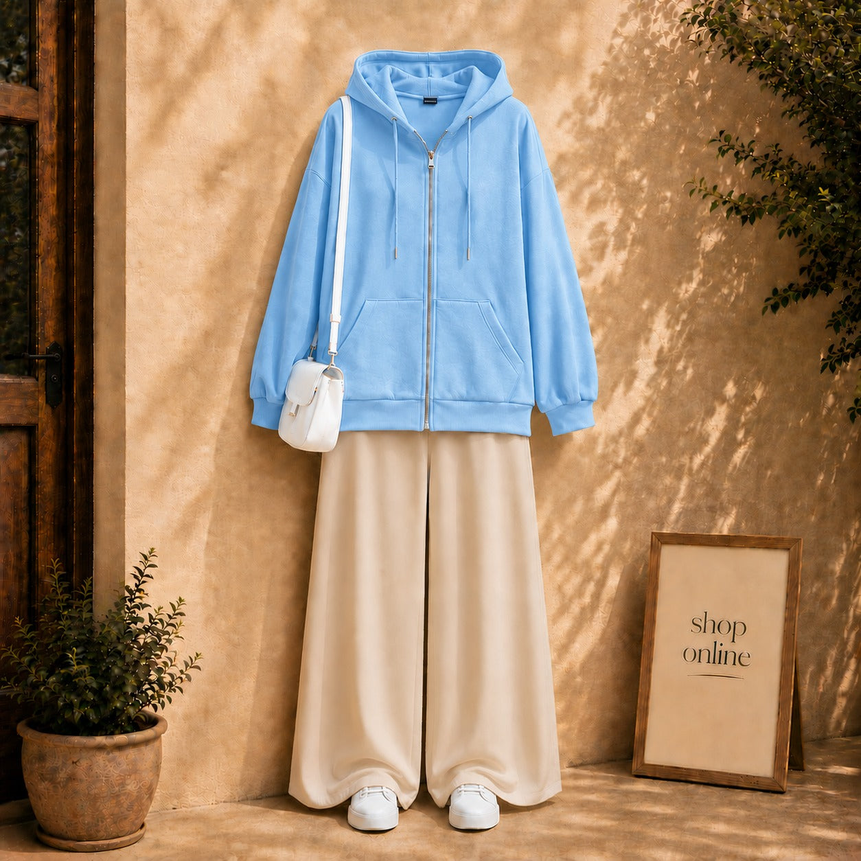 SKY BLUE ZIPPER HOODIE WITH BEIGE FLAPPER