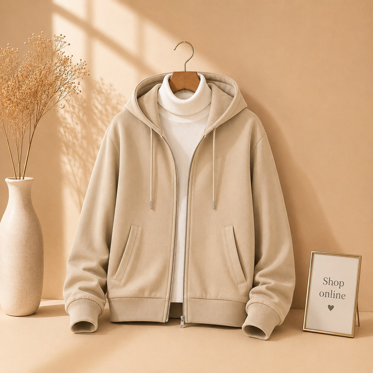 BEIGE ZIPPER HOODIE WITH WHITE HINECK