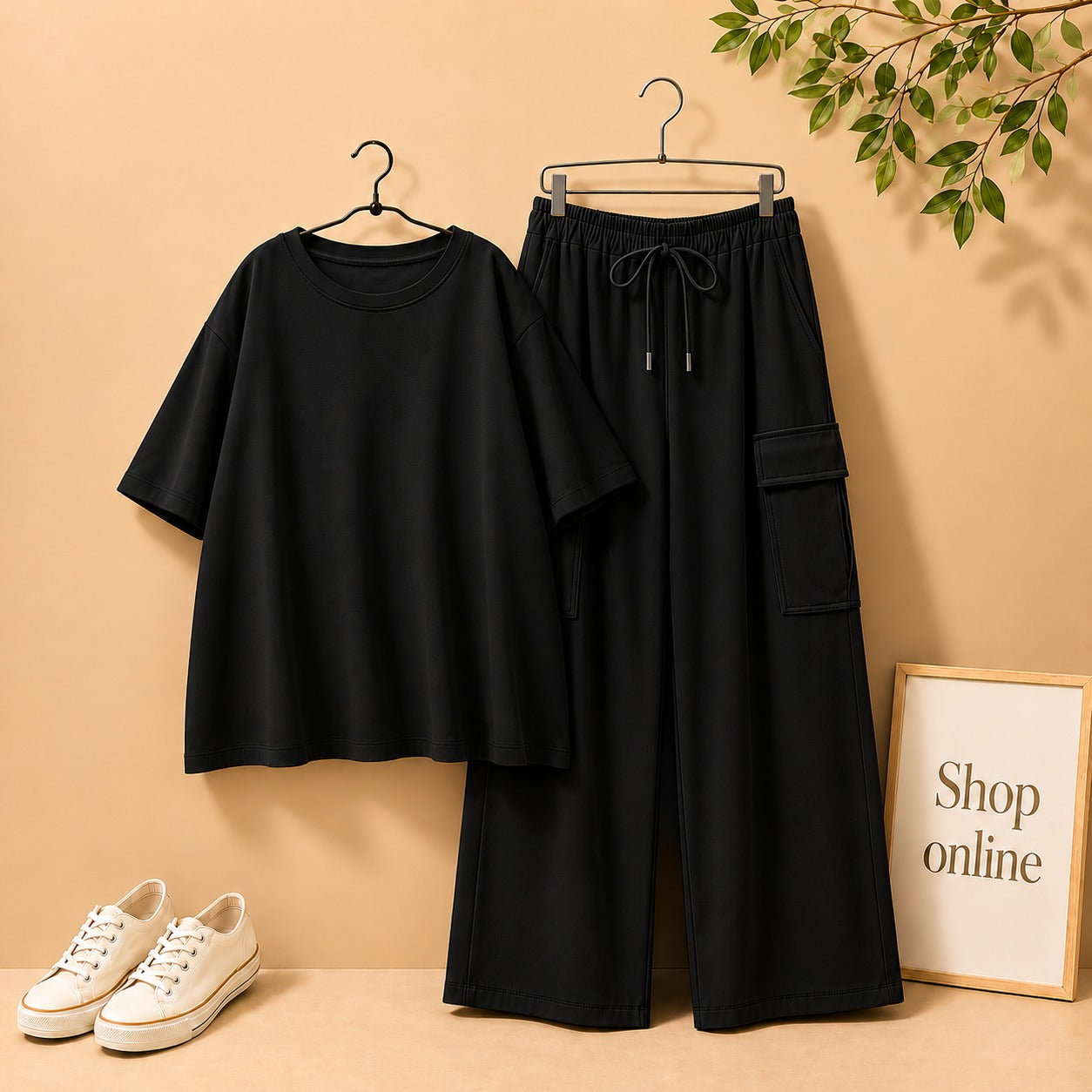BLACK DROP SHOULDER WITH BLACK CARGO TROUSER