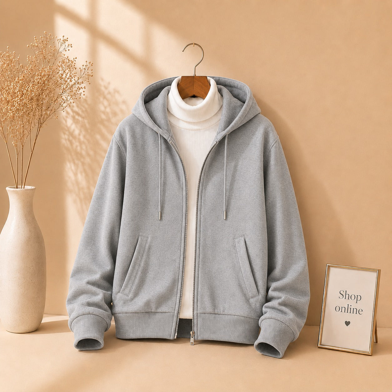 GREY ZIPPER HOODIE WITH WHITE HINECK