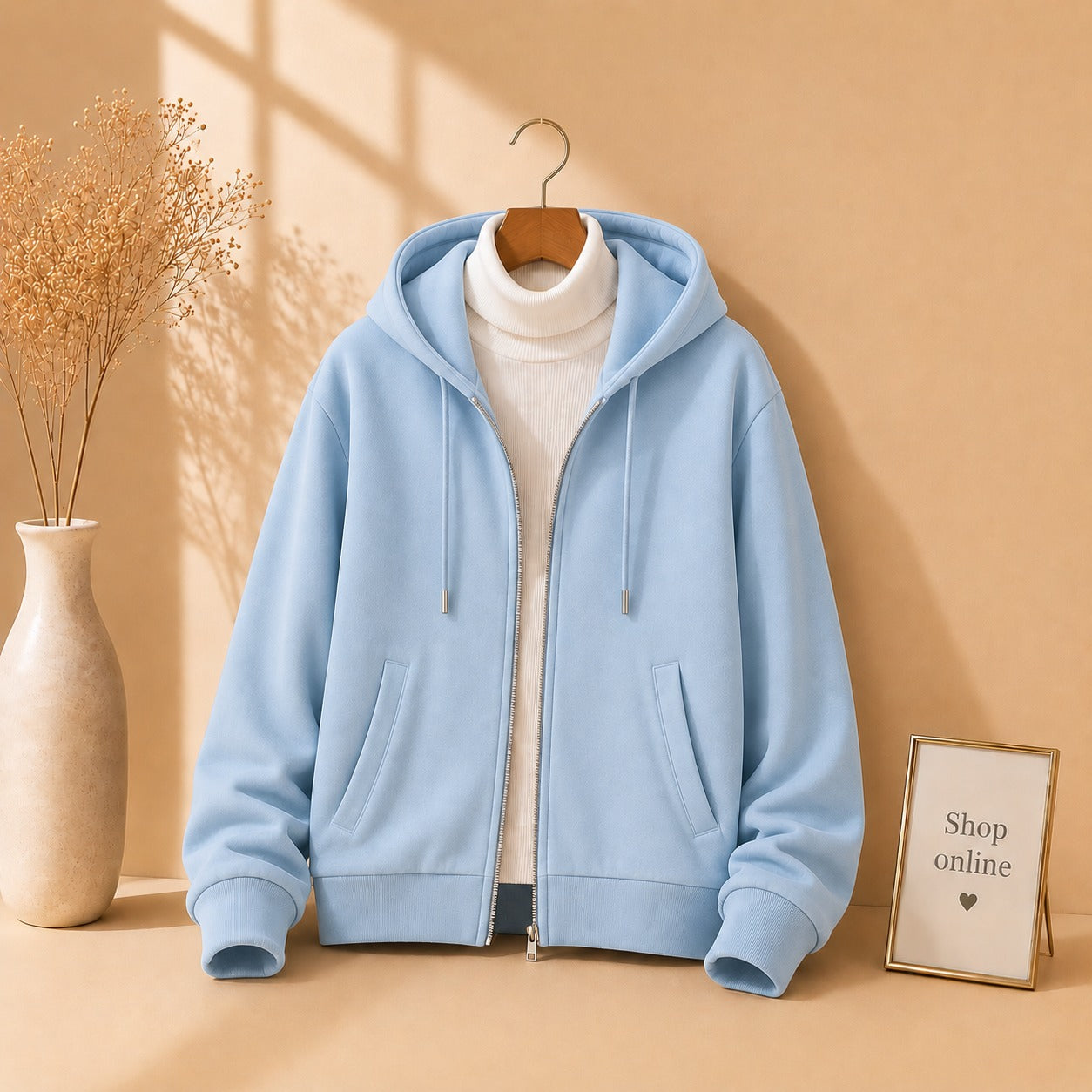 SKY BLUE ZIPPER HOODIE WITH WHITE HINECK