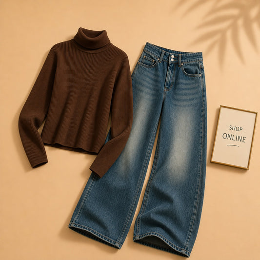 BROWN HIGH NECK WITH DARKISH BLUE WIDE LEG JEANS