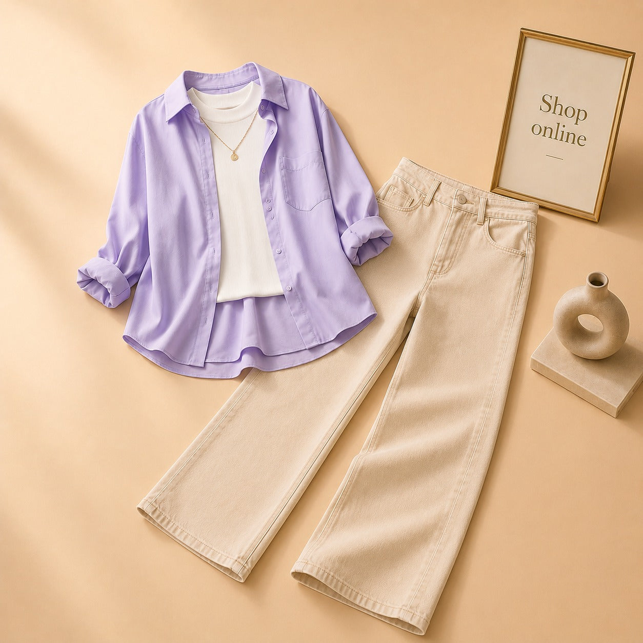 LILAC BUTTON SHIRT WITH WHITE TANKTOP AND BEIGE WIDE LEG JEANS (3PCS)
