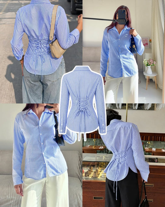 SKY BLUE STRIPED FITTED BUTTON SHIRT ( CORSET BACK)
