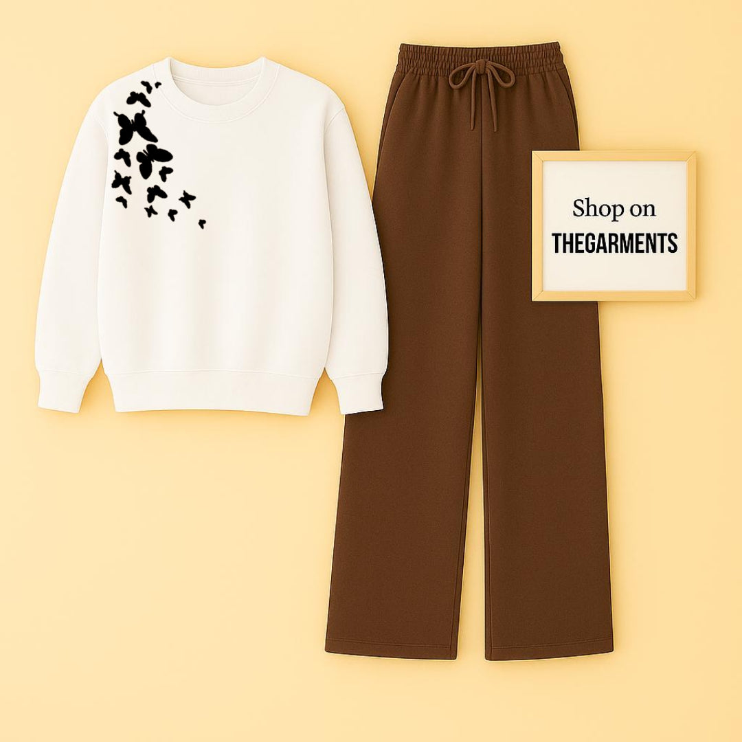 SHOULDER BUTTERFLY WHITE SWEATSHIRT WITH BROWN FLAPPER