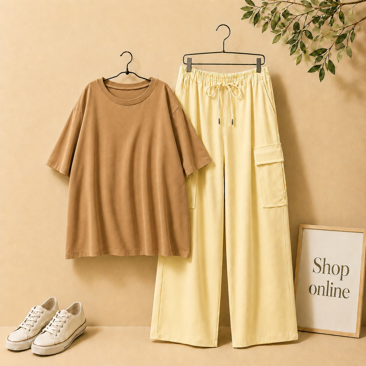 LIGHT BROWN DROP SHOULDER WITH BEIGE CARGO TROUSER