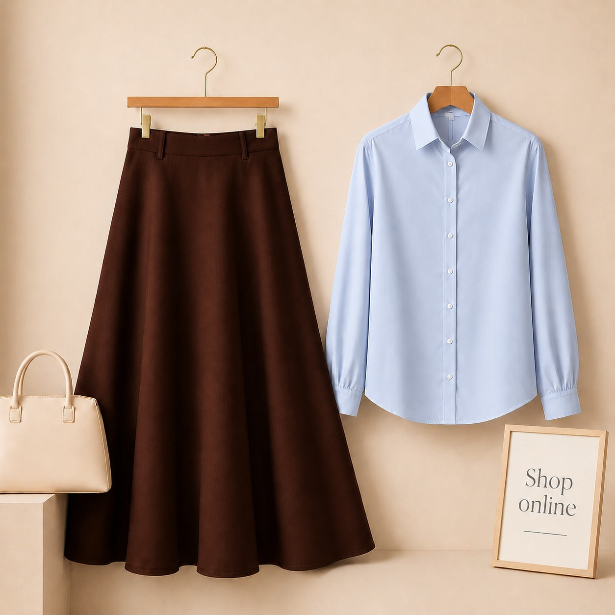 SKY BLUE BUTTON DOWN WITH BROWN SKIRT (Twill)