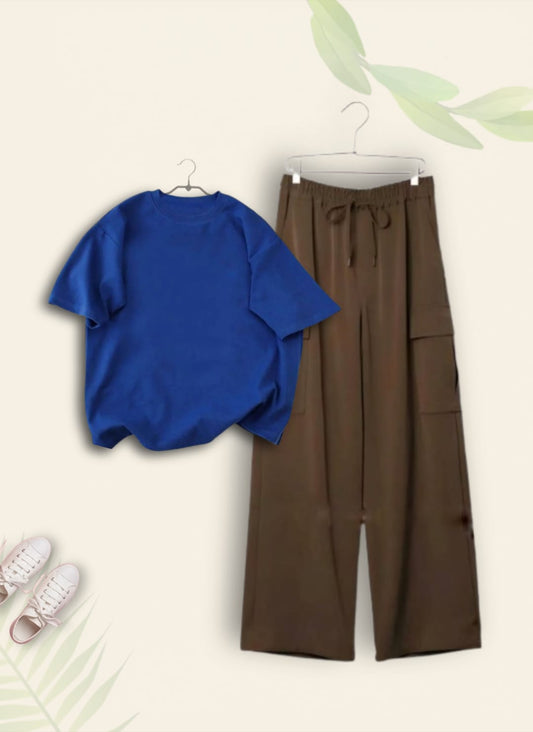 PLAIN ROYAL BLUE TSHIRT WITH BROWN CARGO TROUSER