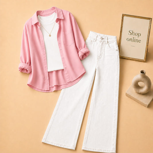 PINK BUTTON SHIRT WITH WHITE TANKTOP AND WHITE WIDE LEG JEANS (3PCS)