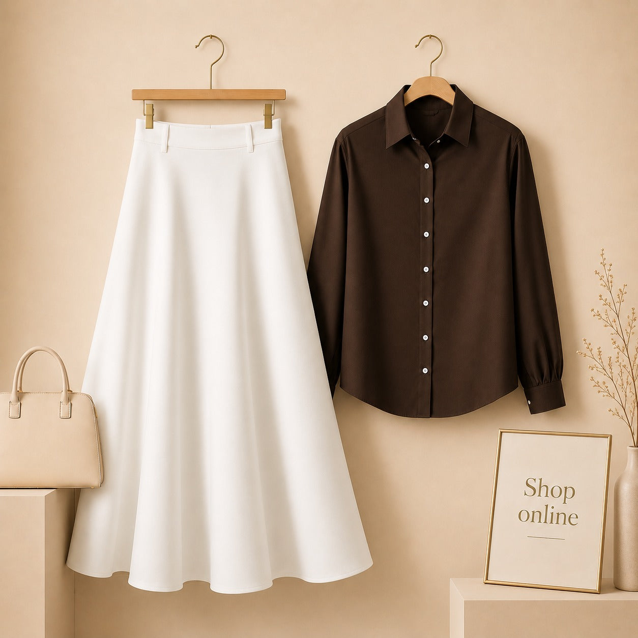 BROWN BUTTON DOWN WITH WHITE SKIRT (Twill)