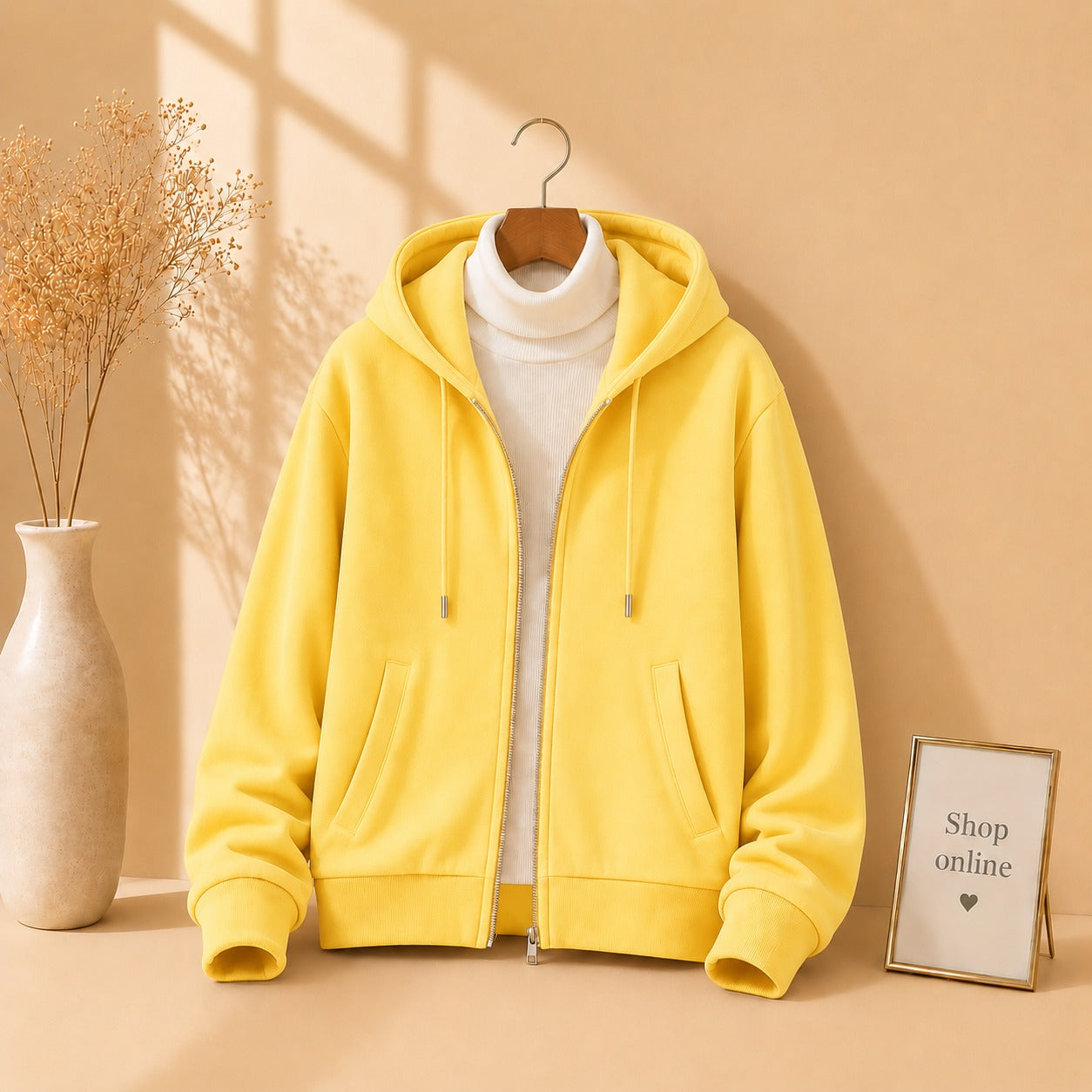 YELLOW ZIPPER HOODIE WITH WHITE HINECK